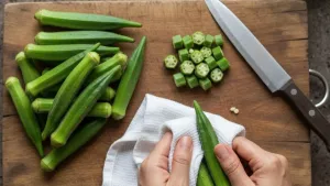 Chopping fresh bhindi on board.
