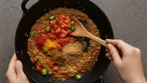 Adding spices and tomatoes.