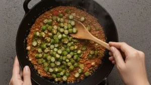 Adding bhindi to gravy.