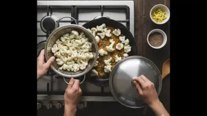 Add the chopped cauliflower, turmeric, and salt. Cover and cook for 5–7 minutes.