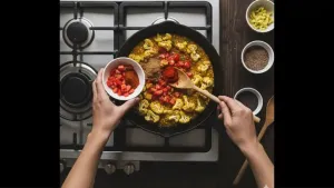 Add chopped tomatoes. Then add coriander powder and red chili powder. Mix well and cook for 2–3 minutes.