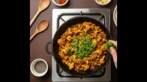 Simmer on low heat until the cauliflower is soft and the spices are well blended. Garnish with fresh coriander at the end.