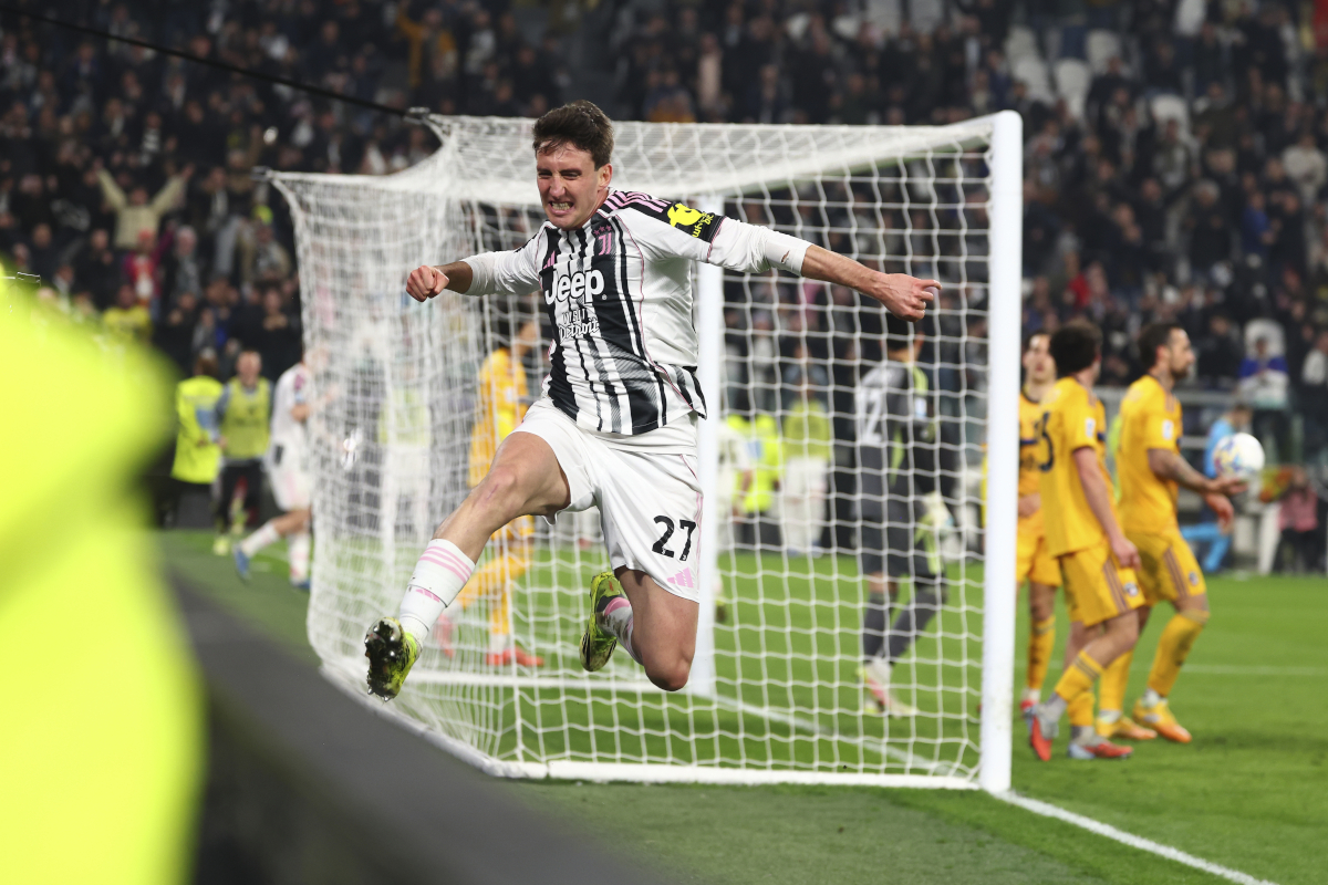 TURIN, ITALY - MARCH 07: Andrea Cambiaso of Juventus celebrates after scoring the opening goal during the Serie A match between Juventus FC and Pisa SC at Juventus Stadium on March 07, 2026 in Turin, Italy. (Photo by Giuseppe Cottini/Getty Images)