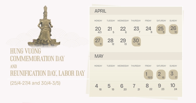 Two holiday periods in April are separated by two regular working days on April 28-29. Graphic by Ta Lu