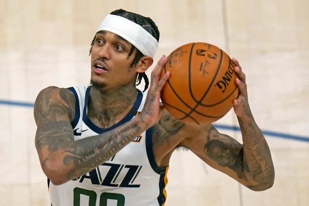 Utah Jazz guard Jordan Clarkson (00) goes to the basket during the second half of the team's NBA basketball game against the San Antonio Spurs on Wednesday, May 5, 2021, in Salt Lake City.