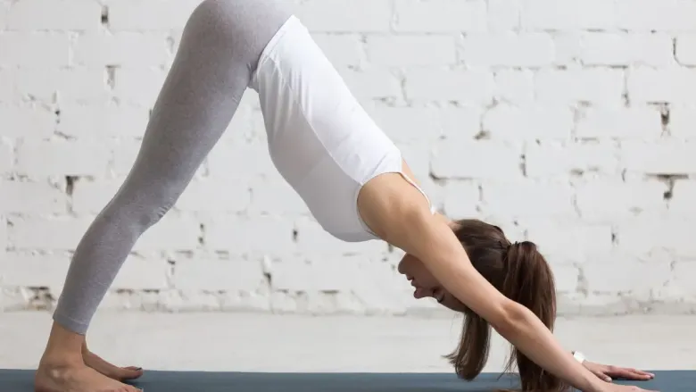 Person performing Downward Facing Dog (Adho Mukha Svanasana) yoga pose with hands and feet on the floor, hips raised.