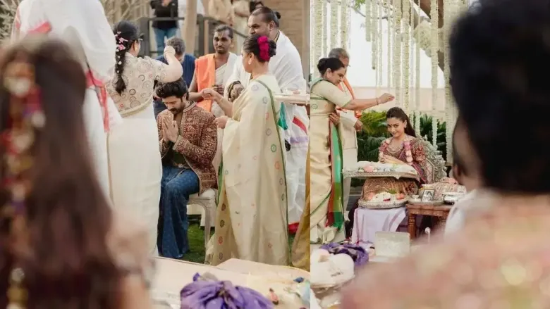 A man folding hands infront of group of people; A woman holding a plate full of colorful things infront of people