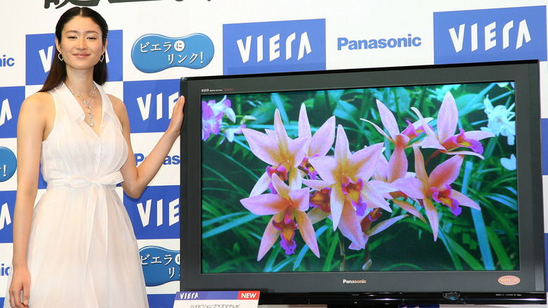A model standing next to a Panasonic plasma TV