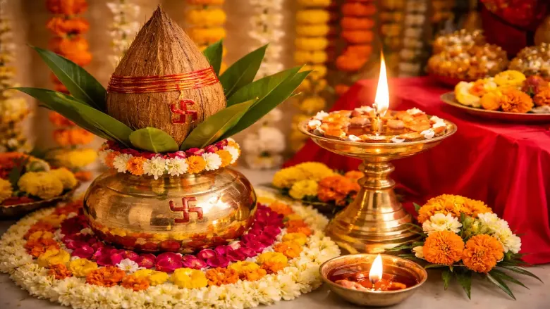 Close-up of a decorated Kalash and Akhand Jyoti with flowers and diyas for Navratri.