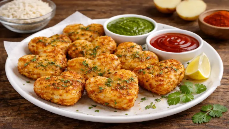 Heart-shaped fritters with dips