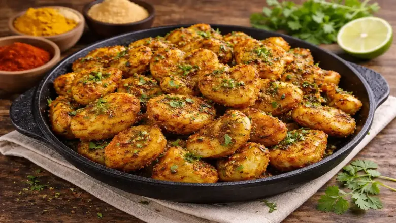 Crispy fried arbi pieces tossed with spices and garnished with fresh coriander in a black skillet on a rustic table.