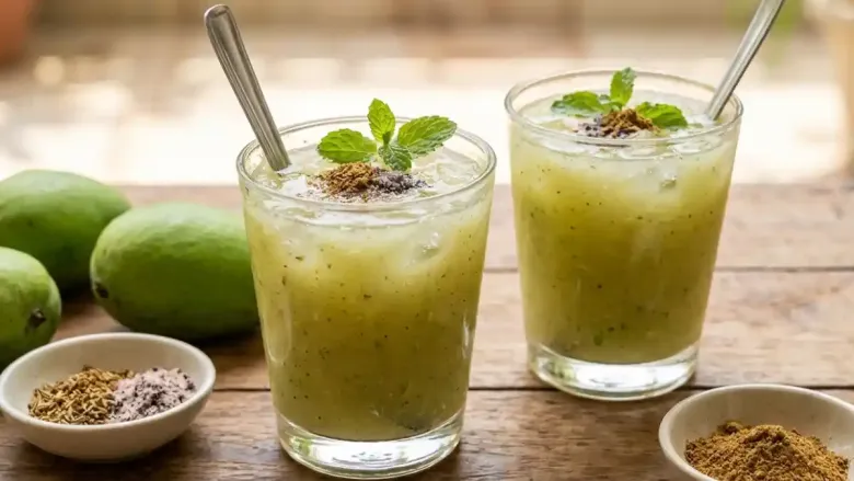 Two glasses of chilled Aam Panna (tangy green mango drink) garnished with mint sprigs and a sprinkle of roasted spices.