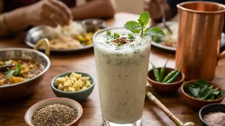 A close-up of a glass of frothy Masala Chaas (Indian spiced buttermilk) garnished with chopped coriander, mint leaves, and roasted cumin powder.