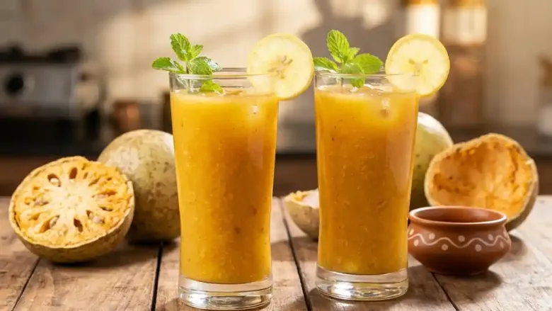 Two tall glasses of vibrant orange Bel Sharbat (Wood Apple juice) garnished with lemon slices and mint