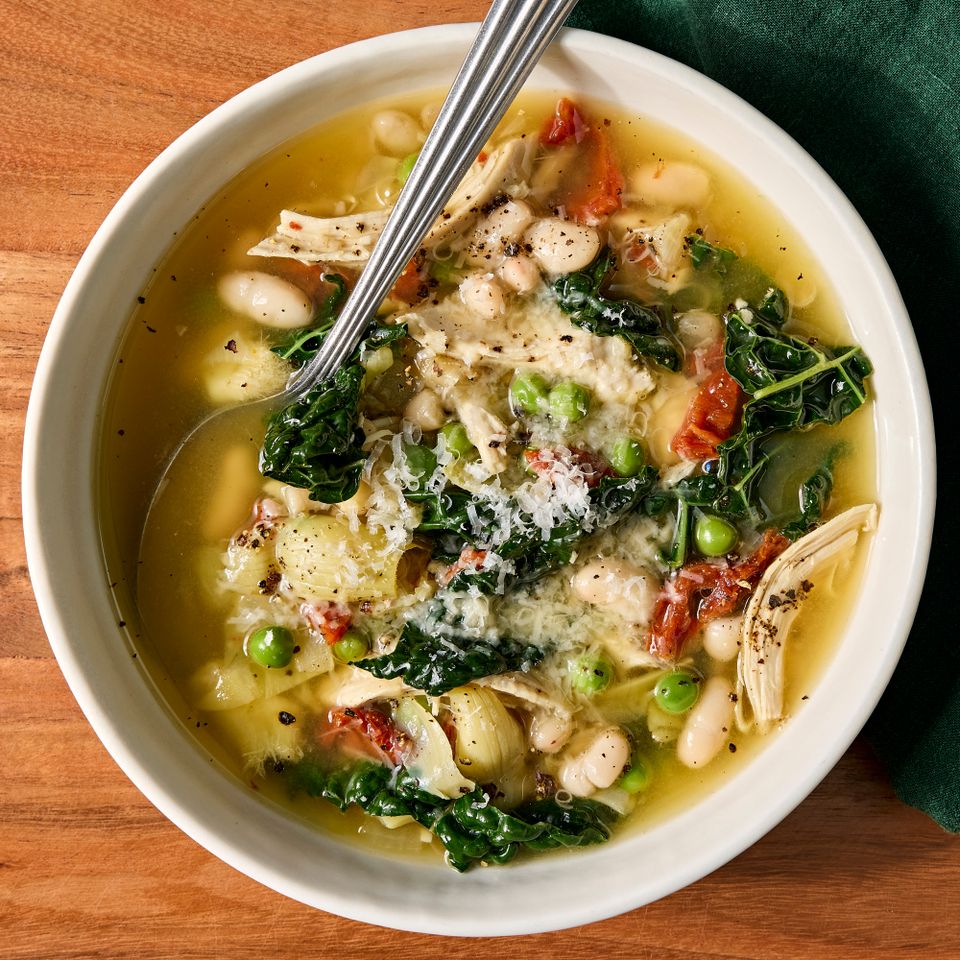 Recipe image of High-Protein High-Fiber Chicken Soup Credit: Photographer: Jen Causey, Food Stylist: Chelsea Zimmer, Prop Stylist: Claire Spollen.