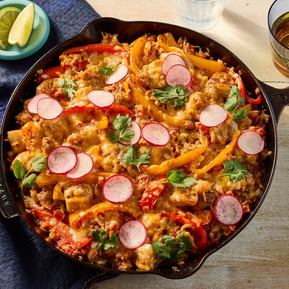 Recipe image of Chicken Fajita Rice Bake. Credit: Photographer: Jen Causey, Food Stylist: Jennifer Wendorf, Prop Stylist: Phoebe Hausser.