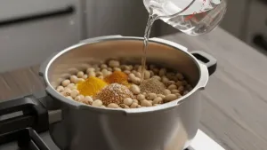 Water being poured into pressure cooker with beans and spices.