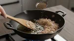 Cumin seeds added to frying onions in pan.
