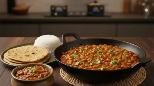 Spicy bean curry served with rice and roti.
