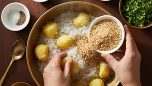 Adding ingredients for Sabudana Tikki.