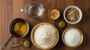 Ingredients for singhare ka atta halwa.