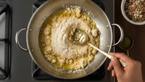 Adding flour to melted butter in a pan.