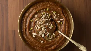 Brown dessert topped with chopped nuts in a bowl.