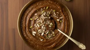 Singhara Atta Halwa in bowl.