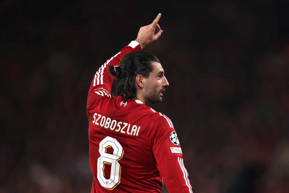 LIVERPOOL, ENGLAND - MARCH 18: Dominik Szoboszlai of Liverpool celebrates scoring his team's first goal during the UEFA Champions League 2025/26 Round of 16 Second Leg match between Liverpool FC and Galatasaray SK at Anfield on March 18, 2026 in Liverpool, England. (Photo by Carl Recine/Getty Images)