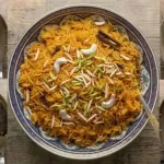 Garnishing the prepared Zarda pulao with sliced ​​almonds and serving it warm or slightly cooled