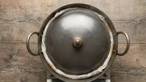 Cooking the Zarda pulao on low heat for 8–10 minutes until the sugar syrup is well absorbed.