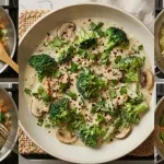 Creamy broccoli mushroom gravy garnished with fresh coriander and served hot with macaroni or noodles.