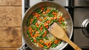 Add chopped carrots and French beans to the pan and cook for about 2–3 minutes so the vegetables start to soften slightly.