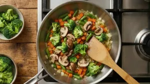Now add broccoli and mushrooms, then stir well to combine all the vegetables evenly in the pan.