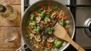 Season with salt, crushed red chili, black pepper, and dried basil. Pour in vegetable stock and cook until the mixture comes to a gentle boil.