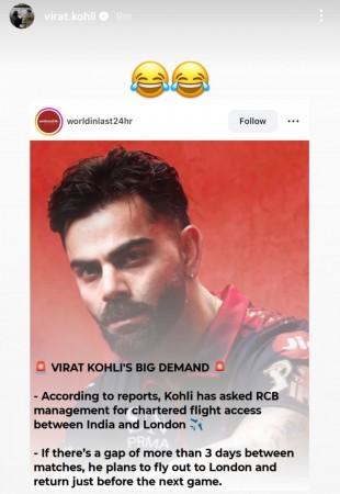 Kohli laughs off reports suggesting demands for 'chartered flight access' in IPL Kohli laughs off reports suggesting demands for 'chartered flight access' in IPL