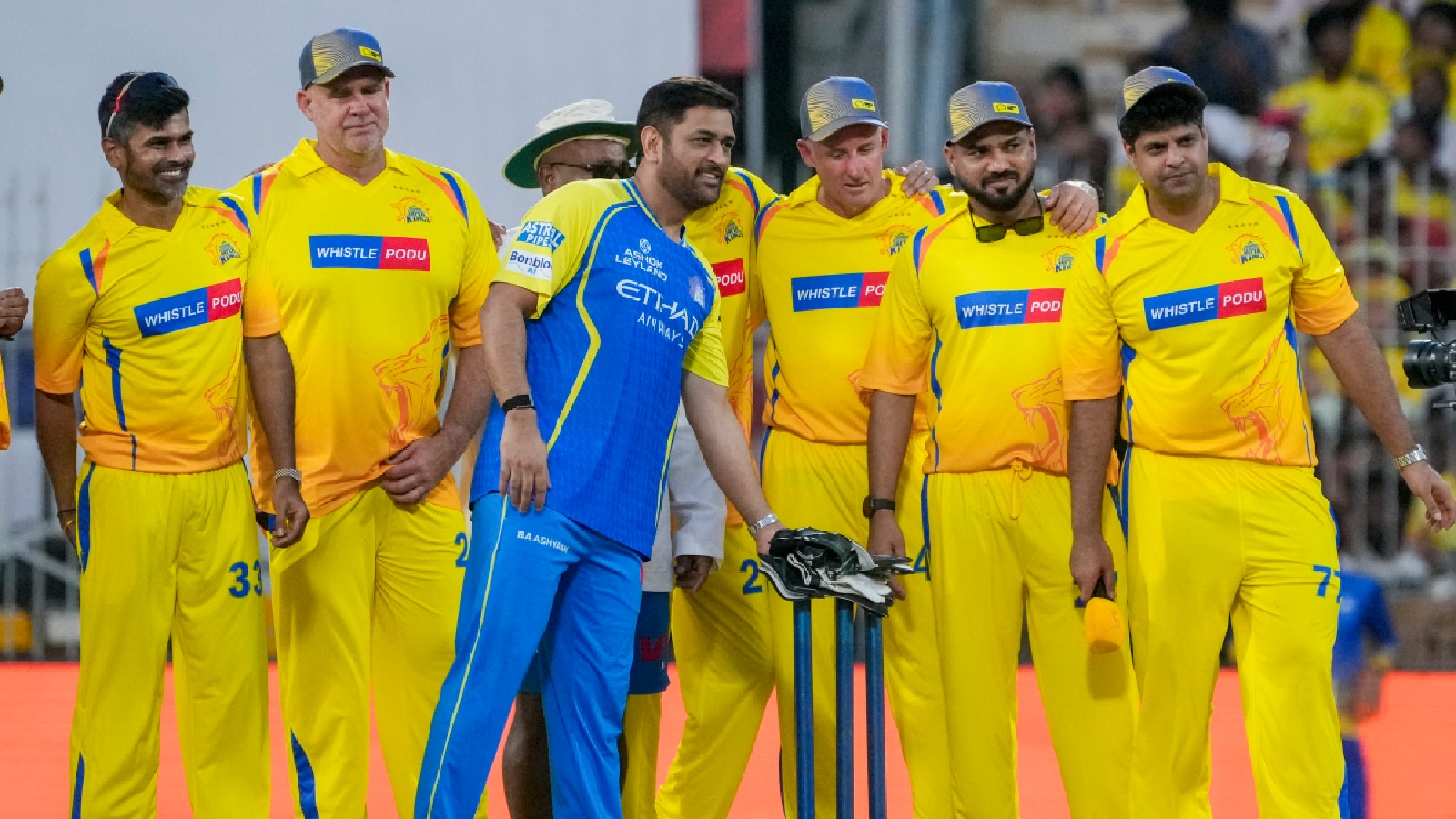 MS Dhoni with former cricketers Matthew Hayden, Anirudha Srikkanth and others during the Chennai Super Kings’ ROAR 2026 event at CSK's MA Chidambaram Stadium. (PTI Photo)