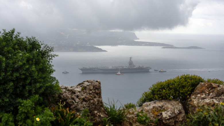 USS Gerald R Ford arriving in port for repairs