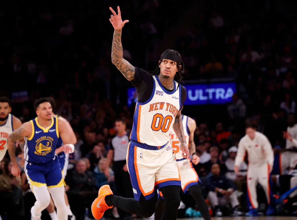 Guard Jordan Clarkson of the New York Knicks reacts after hitting a 3-point shot during the second half when the New York Knicks played the Golden State Warriors Sunday, March 15, 2026 at Madison Square Garden in Manhattan, NY.