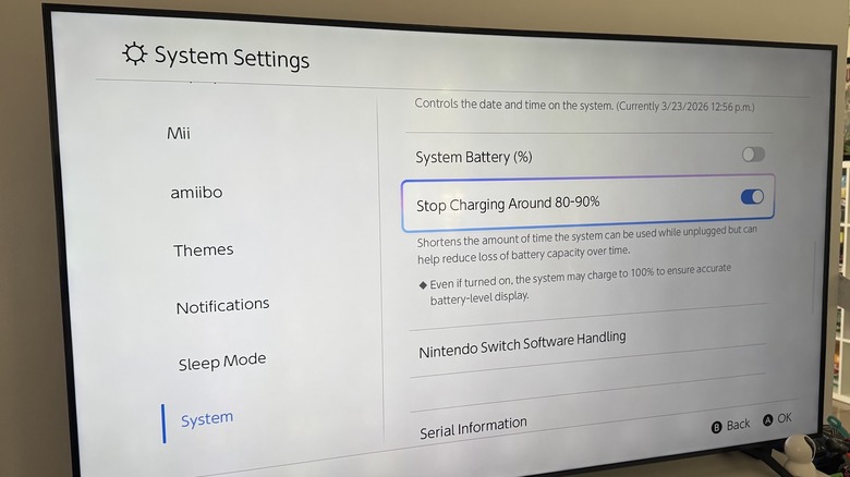 The System Settings page of a Nintendo Switch 2 is seen on the TV screen