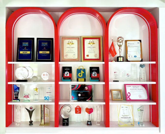 Trophies and certificates recognizing OnPoint’s achievements across multiple e-commerce platforms and industry organizations. Photo courtesy of OnPoint