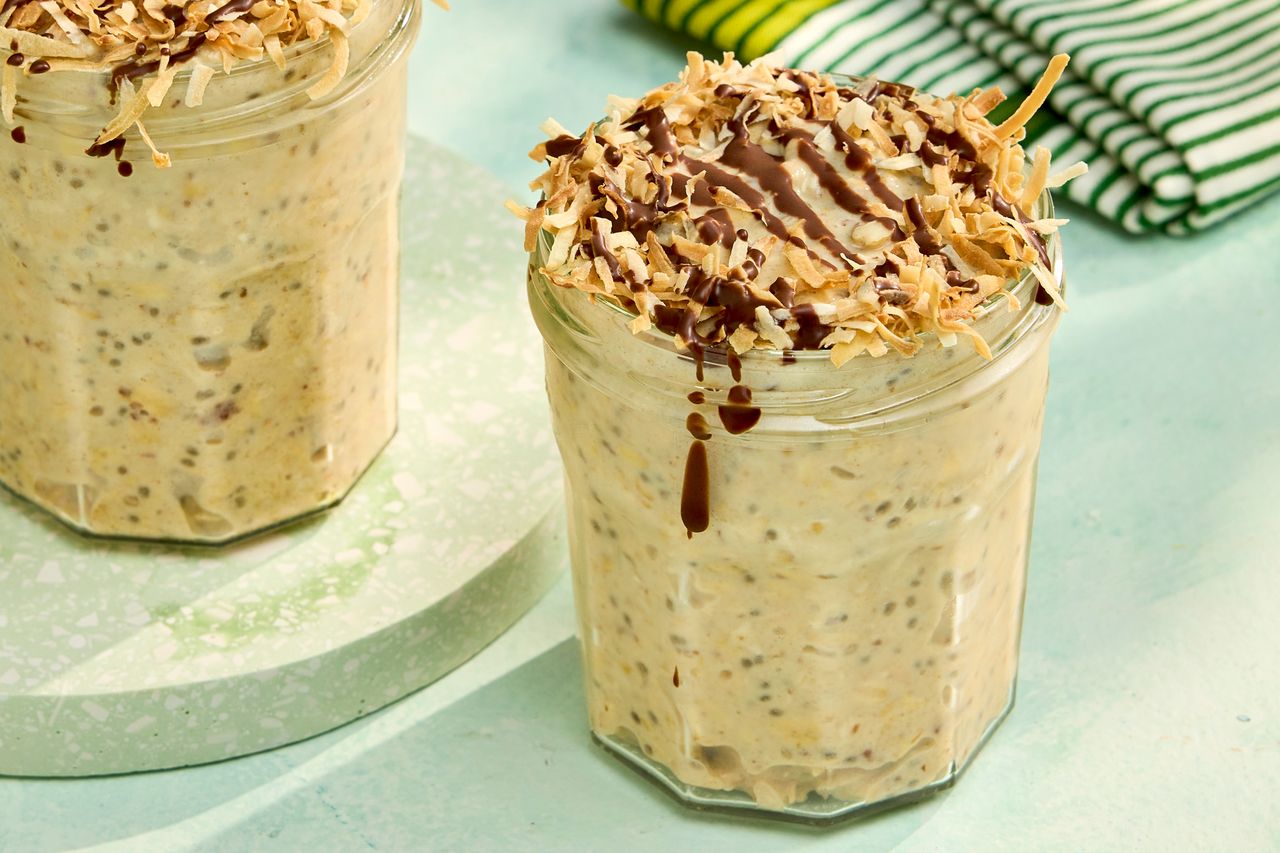 A recipe image of Coconut-Chocolate Overnight Oats. Credit: Photographer: Robby Lozano, Food Stylist: Margaret Dickey, Prop Stylist: Josh Hoggle.