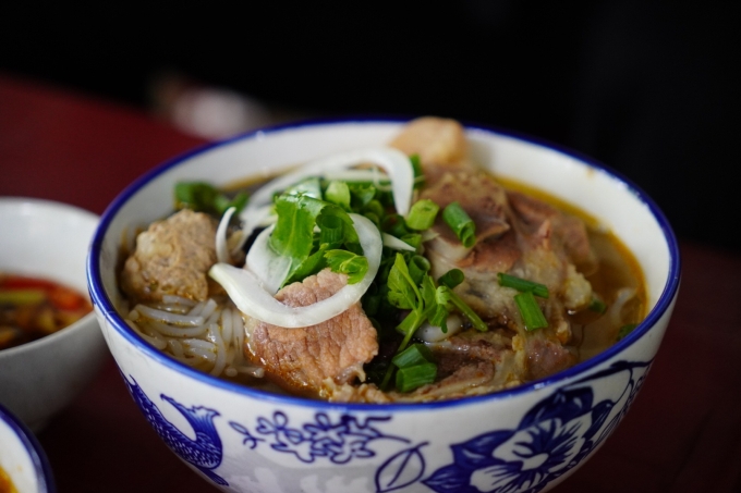 A bowl of spicy beef noodle soup bun bo Hue. Photo by VnExpress/Tuan Anh