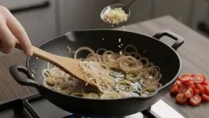 Salt added to sautéing onions in pan.