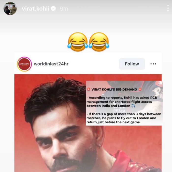 Virat Kohli breaks silence on charted flights rumors (Image Source: Instagram/ViratKohli) Virat Kohli goes on Instagram to address the chartered flight claims
