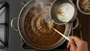 Pouring saffron water into a thick brown mixture in a pan.