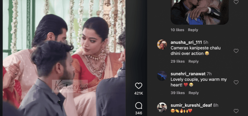Rashmika blushes and gazes at Vijay during puja; jumps in joy while greeting village crowd; fans call it 'cringe overacting'