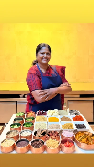 Chef Athi Lakshmi with an array of traditional Karaikudi ingredients