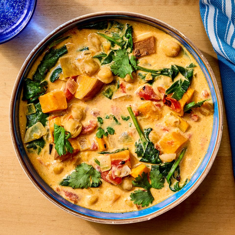 Recipe image of 20-Minute Chickpea Soup. Credit: Photographer: Robby Lozano, Food Stylist: Craig Huff, Prop Stylist: Abby Armstrong.