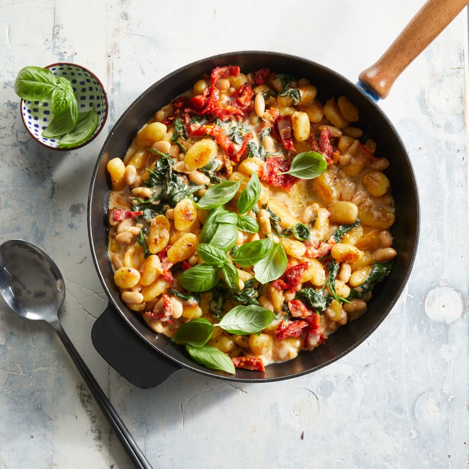 White Bean & Sun-Dried Tomato Gnocchi in a skillet Credit: Jacob Fox